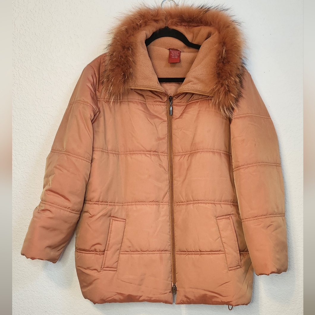 Olsen Europe Sunset Orange Puffer Jacket With Removeable Fuax Fur Collar, Size 8